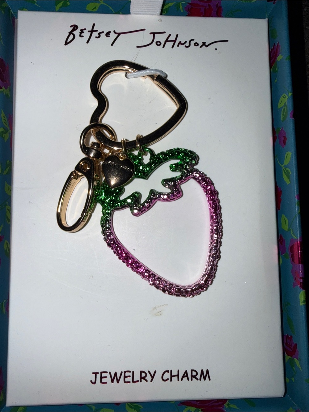 Betsey Johnson Pink & Green Strawberry Charm Keychain or Bag Charm. New! - Picture 2 of 4
